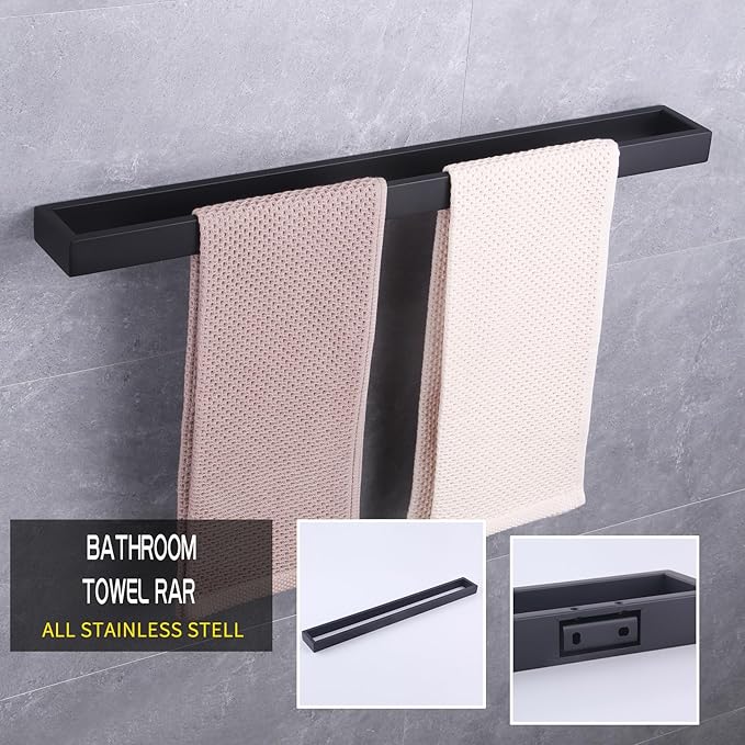 GERZWY Bathroom Accessory 4-Piece Set SUS 304 Stainless Steel Towel Bar Toilet Paper Holder Towel Ring Towel Hooks Wall Mount, Matte Black HG1708-4BK