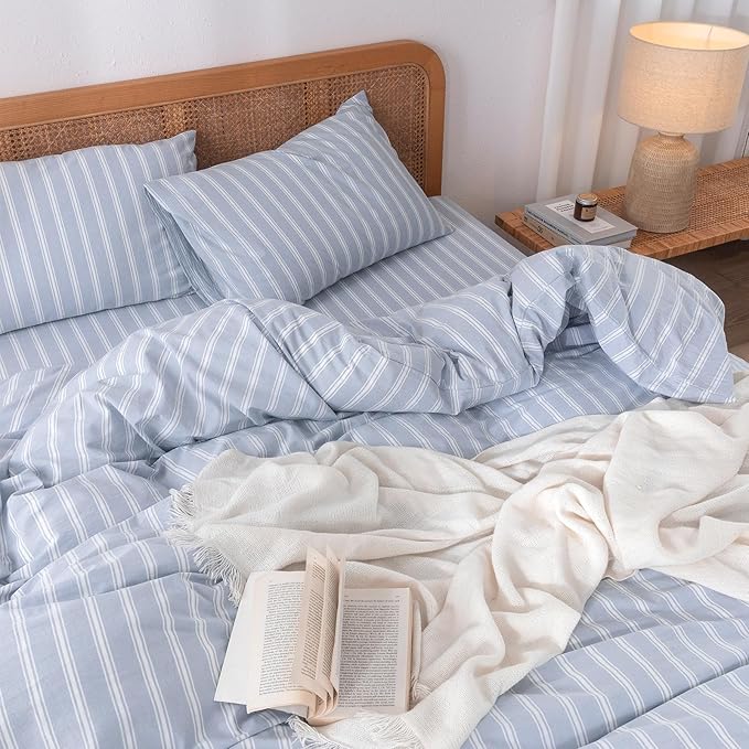 BESTOUCH Duvet Cover Set 100% Washed Cotton Linen Feel Super Soft Comfortable Chic Lightweight 3 PCs Home Bedding Set Cornflower Blue & White Stripes King