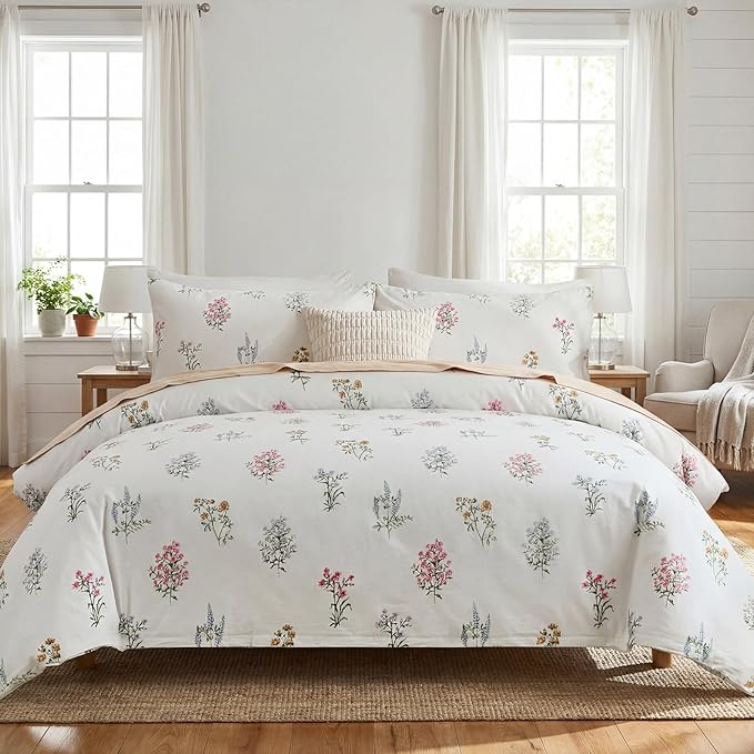 100% Washed Cotton Duvet Cover Full Size - Linen Like Reversible Durable Soft Floral Duvet Cover Sets, 3 Pieces White Comforter Cover with Zipper Closure
