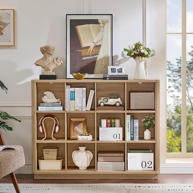 Joaxswe 12 Cube Storage Organizer, 41" Large Bookshelf with Curved Edge, Wood Floor Standing 3-Tier Cubby Bookcase with Base, Rustic Display Storage Cabinet for Living Room, Home Office, Natural Oak