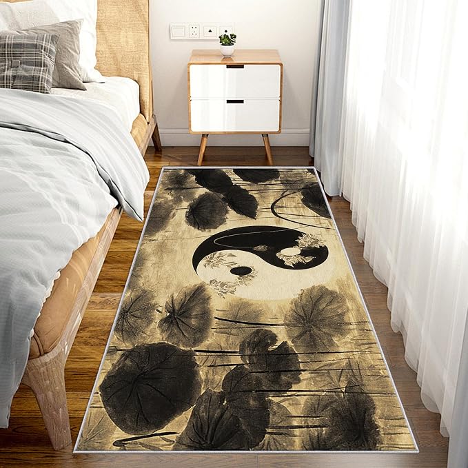 Yin Yang Lotus Leaf Runner Rug 4x9, Asian Yoga Design, Zen Spiritual Meditation Area Rug, Washable Non-Slip Floor Carpet Runner for Bedroom, Dining Room, Living Room Aisle