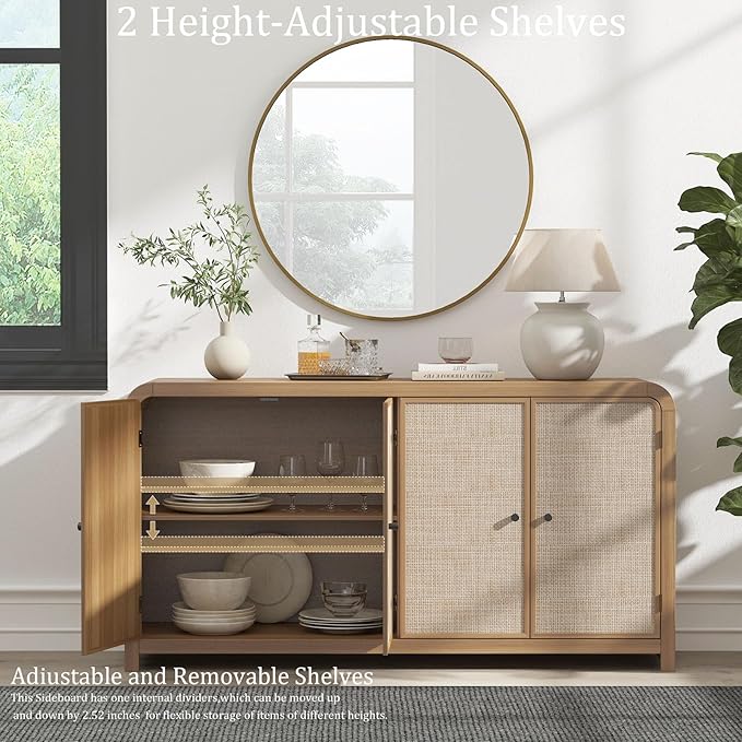 Oak&Sparrow Oak Sideboard Buffet Cabinet with Storage, 60'' Boho Buffets & Sideboards with Adjustable Shelves, Rattan Sideboard Cabinet with 4 Doors for Living Room, Hallway & Kitchen