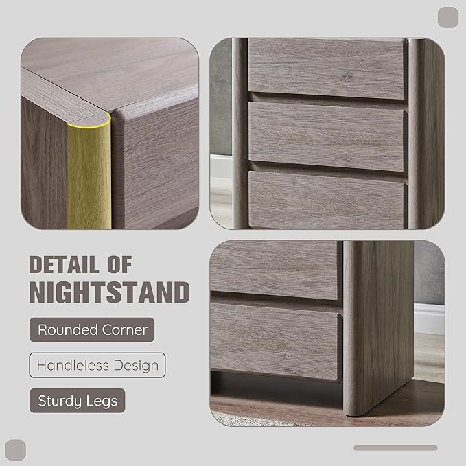 25" Tall Modern Nightstand Set of 2, 23.6" W Nightstand with Charging Station & 3 Storage Drawers & Open Shelf, Wood Night Stand w/Rounded Corner Design for Bedroom, Living Room (Light Grey)