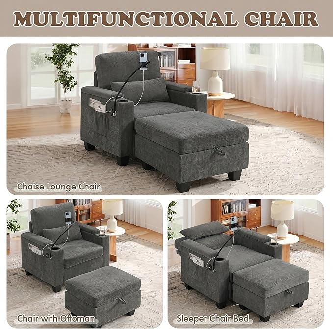 Small Chaise Lounge Chair Indoor with Ottoman&Adjustable Backrest,Chenille Tufted Recliner Comfy Sofa Chair with USB,Phone Holder&Storage Arms,Convertible Sleeper Couch Bed for Living Room(37"W,Grey)