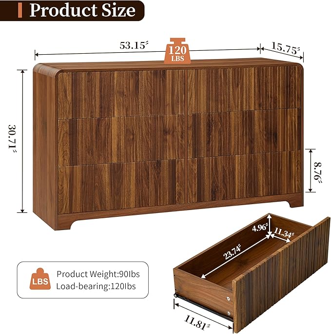 BERRYMERRY Fluted 6 Drawers Dresser for Bedroom, 53" Wide Chest of Drawer with Rounded Edge,Mid Century Modern Large Double Wood Dresser for Living Room Bedroom