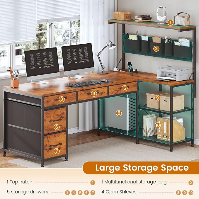SEDETA L Shaped Desk with Drawers and Hutch, 47.2" Reversible Office Computer Desk with 5 Fabric Drawers, L Shaped Desk with Storage Shelves, Power Outlet and LED Lights for Home Office, Rustic Brown