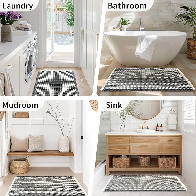 Waffle Bath Mat - Boho Bathroom Rugs Non Slip Washable, Super Absorbent & Quick Dry, Soft Bath Mat Farmhouse Bathroom Decor, 24'' x 48'', Dark Grey and White