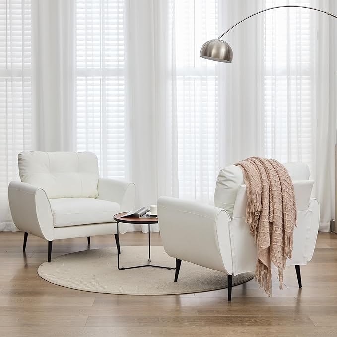 TYBOATLE Accent Chairs Set of 2, Comfy Modern Living Room Chair White Faux Leather Reading Accent Chairs Tufted Mid Century Arm Chair Small Salon Chairs for Office Bedroom (2, White)