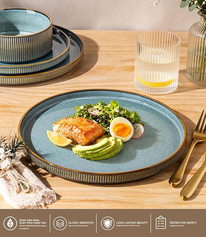 GBHOME 24-Piece Stoneware Dinnerware Set for 8 – Ribbed Ceramic Plates and Bowls, Scratch-Resistant, Microwave & Dishwasher Safe, Reactive Glaze-Space Blue