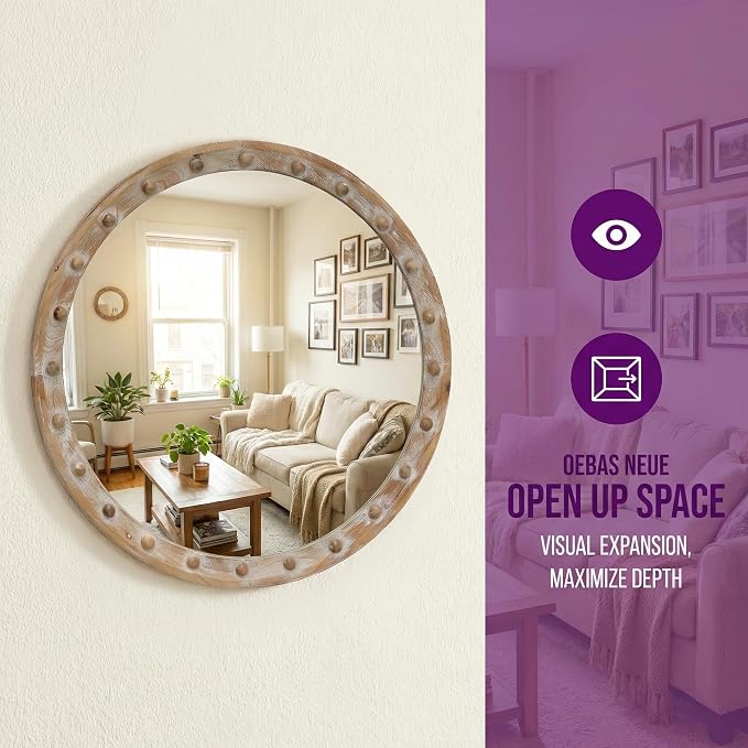 23.62'' Vintage Rustic Round Wall Mirror with Rivet Detail Frame & Pre-Installed Hanging, Decorative Mirror with Large Reflective Surface for Bathroom Bedroom Living Room, Natural