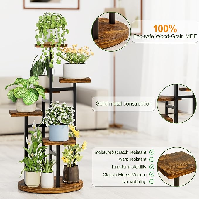 5 Tier Wood Plant Stand Indoor Outdoor, Wood Tall Plant Rack, Heavy Duty Wrought Iron Flower Pot Stand, Planter Display Rack for Living Room Balcony Garden Patio - BlackSquare
