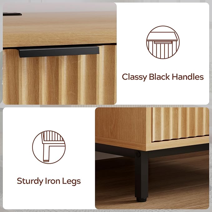 47" Executive Desk with Fluted Drawers, Wooden Home Office Desk with Storage Cabinet, Charging Station, Metal Legs Modern Farmhouse Computer Desk for Work, Study Natural Oak
