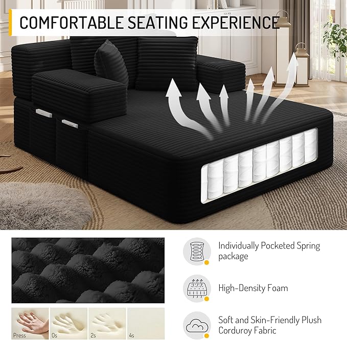 48.5" Oversized Chaise Lounge Chair Indoor, 3-in-1 Convertible Sleeper Sofa Bed, Plush Corduroy Boneless Chaise with 3 Pillows & Side Pockets, Adjustable Back/Armrest for Living Room -Black