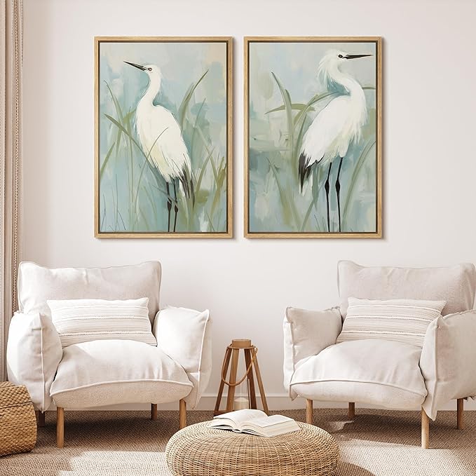 MUDECOR Framed Canvas Print Wall ArtWhite Heron Pair in Marsh Coastal Illustrations Modern Art Decorative Bohemian Colorful for Living Room, Bedroom, Office - 16"x24"x2 Natural
