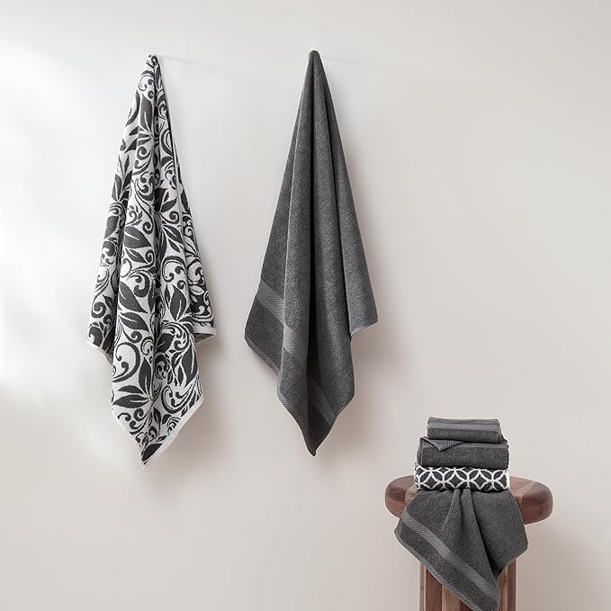 Modern Threads Trefoil Filigree 6-Piece 100% Cotton Towel Set – Reversible Yarn Dyed Jacquard – Includes 2 Bath Towels, 2 Hand Towels, 2 Washcloths – Absorbent, Quick Dry, Soft & Durable – Dark Gray