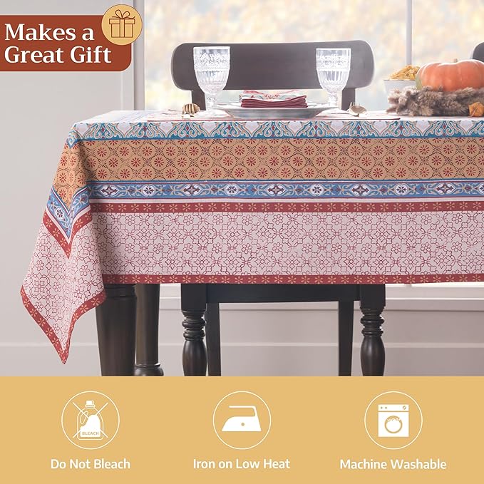 Maison d' Hermine Table Cloth Rectangle Table 100% Cotton 60 x 90 Inches Fall Tablecloth Reusable Everyday Use for Thanksgiving Christmas Decorations Dining Farmhouse Party (Romane)