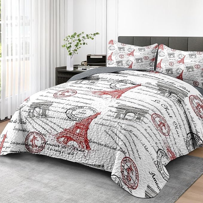 Pamnest Quilt Set Full/Queen Size, Paris Vintage Eiffel Tower 3 Pcs Soft Bed Cover Bedding Set for Kids and Adults, France Old Iron Lightweight Bedspread Coverlet with Pillow Sham for All Season