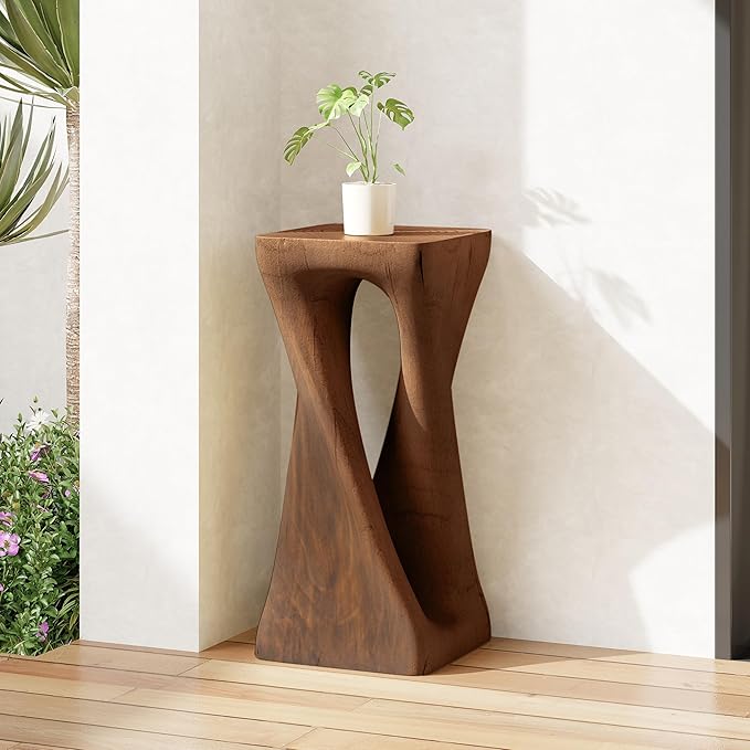 ø12.5'' Square Side Table End Table for Living Room, Modern Farmhouse Style, Magnesium Oxide & Lightweight Concrete Material for Indoor & Outdoor, No Assembly, Wood Grain, Antique Brown