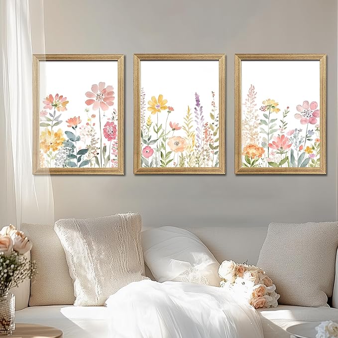 PicturePerfect Decor Watercolor Wildflower Wall Art Set of 3, 12x16Inch Framed Canvas Prints, Pastel Floral Decor for Living Room Bedroom Bathroom Office Hallway, Spring Meadow Decor, Wood Frame