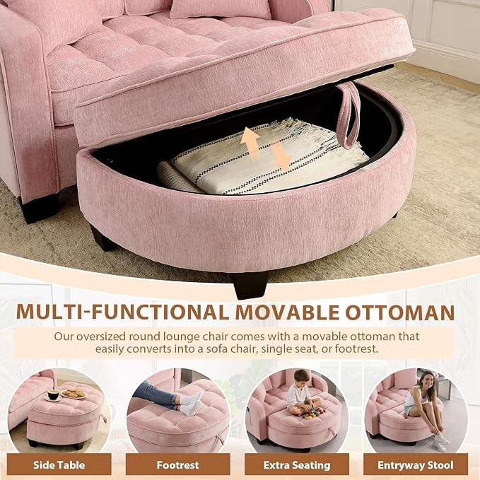 Oversized Curved Chaise Lounge Chair Indoor with Ottoman, 54.8" Cloud Boneless Reading Chair Soft Chenille Circle Couch w/Adjustable Backrest for Living Room, Apartroom, Bedroom, Pink