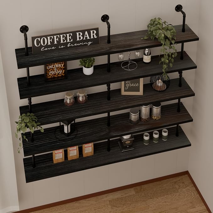 HDDFER Floating Shelves for Wall Bookshelf Industrial Pipe Shelving Shelves 60 Inch 5 Tier Natural Wood Planks Rustic Wall Shelves Hanging Bookshelves Farmhouse Kitchen Shelving