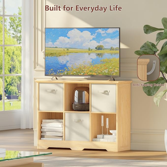 VORONOI 6 Cube Storage Organizer with 3 Fabric Drawers and Removable Shelves — Modular Cube Bookshelf for Bedroom, Living Room, or Home Office, Short Cube Bookcase for Toys, Decor,Natural Wood