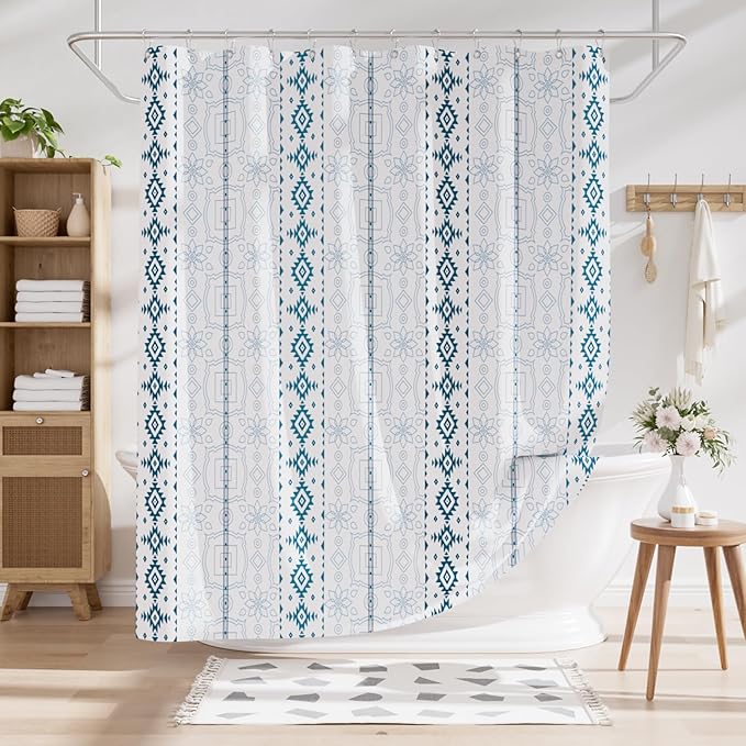 AmazerBath Boho Shower Curtain, 72x72 Washable Cloth Navy and White Shower Curtains for Bathroom, Fabric Rustic Neutral Shower Curtain Set with 12 Hooks, Modern Camper RV Dorm Stall Shower Curtain