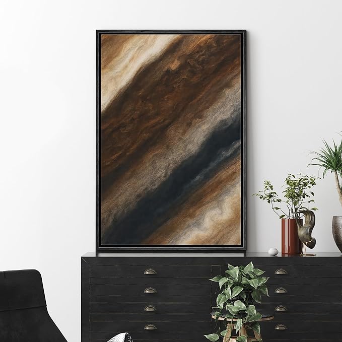 MUDECOR Framed Canvas Print Wall Art Earth Tone Marble Flow Abstract Brown and Cream Fluid Illustrations Fine Art Decorative Zen Multicolor Country/Farmhouse Retro for Bedroom - 16"x24" BLACK