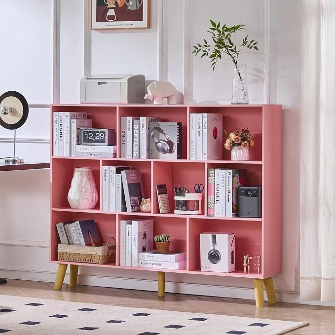 LEYAOYAO 10 Cube Bookshelf, 3 Tier Vintage 55" Wide Bookcase with Legs, Mid-Century Wood Bookshelves Storage, Light Pink Large Book Case, Freestanding Organizer Display Shelf for Living Room, Office