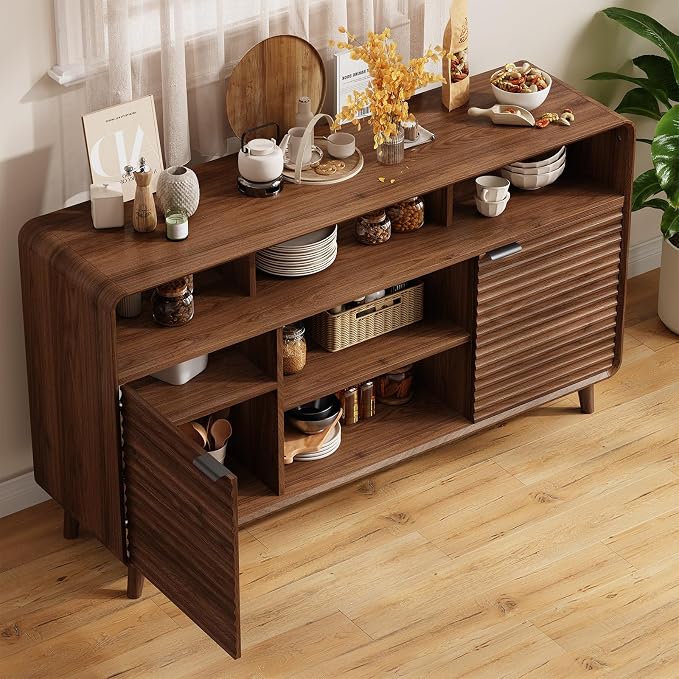 58 Inch Buffet Cabinet with Storage, Curved Buffet Sideboard w/2 Doors, Open Storage Shelf, Adjustable Shelves, Wooden Coffee Bar Cabinet for Kitchen, Living Room, Walnut