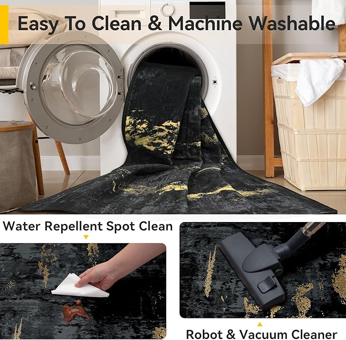 Washable Area Rugs 10'x14' Non-Slip Modern Abstract Soft for Living Room Entryway Bedroom Nursery, Print Pattern, Dark Black Gold
