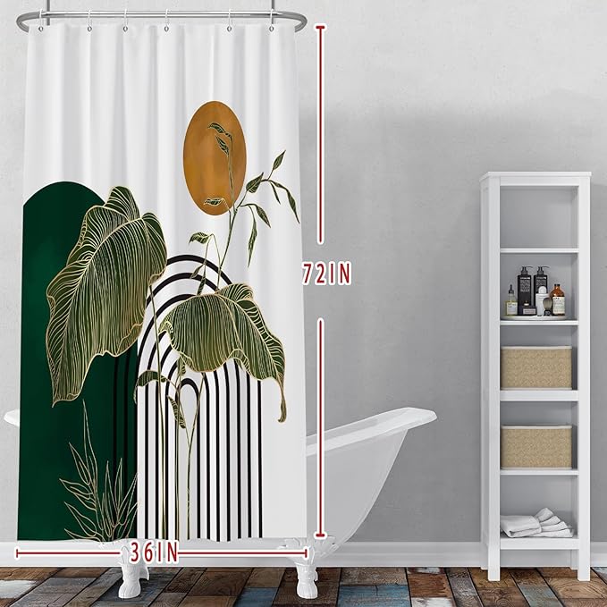 Baocicco Boho Shower Curtain Green Gold Leaves Plants Sun Modern Abstract Geometric Shower Curtains Decorative for Bathroom Waterproof Fabric Shower Curtain with Hooks 36x72 Inches