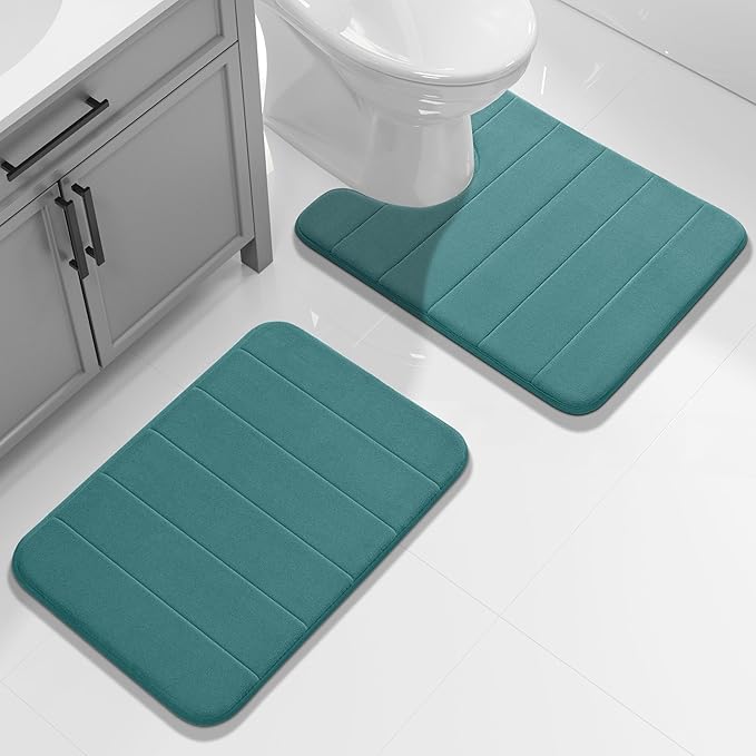 Yimobra Memory Foam Toilet Bath Mat U-Shaped, Soft and Comfortable, Water Absorption, Non-Slip, Thick, Machine Wash, Easier to Dry for Bathroom Commode Contour Rug, 24 X 20 Inch, Teal