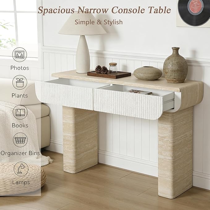 Faux Mars Marble Pattern Console Table with 2 Drawers, 47.2" Skinny Long Sofa Table Behind Couch with Rounded Edges, Wooden Narrow Sofa Table Hall Table for Living Room Foyer Entrance, Marble