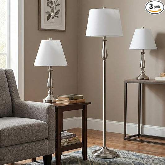 3-Piece Home Lighting Set - Coordinating Bundle with 2 Table Lamps and 1 Floor Lamp for Home and Office Decor by Lavish Home (Silver)