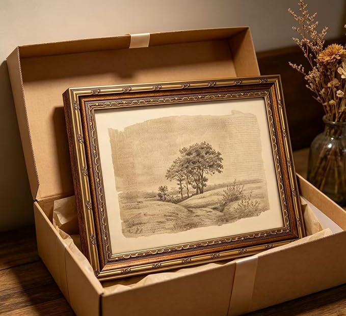 Vintage Gold Framed Sepia Country Landscape Sketch Wall Art, Rustic Tree Grove Canvas Prints, Antique Rural Path Drawing Poster Artwork for Modern Farmhouse Living Room Office Wall Decor，9x11in