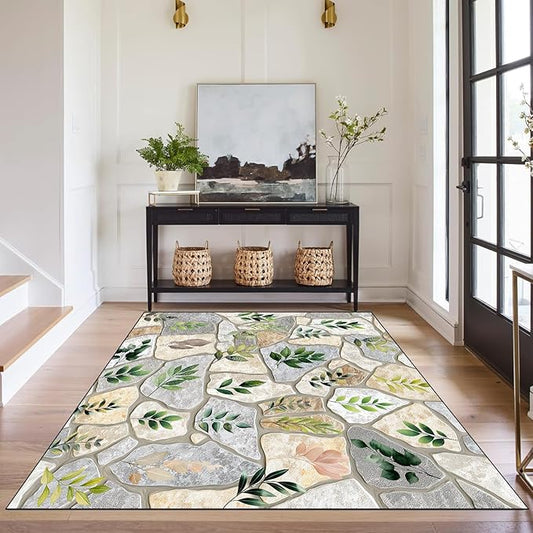 3'x5' Optical Illusion Rug 3D Stone Floor Mat Green Leaf Botanical Area Rug Rustic Nature Washable Carpet for Entryway Bedroom Living Room Kitchen Home Decor