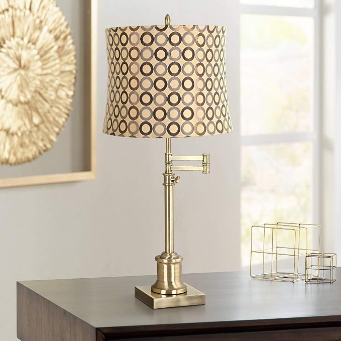 360 Lighting Westbury Traditional Swing Arm Desk Table Lamp Adjustable Height 36" Tall Antique Brass Copper Circles Drum Shade for Living Room Bedroom House Bedside Nightstand Home Office