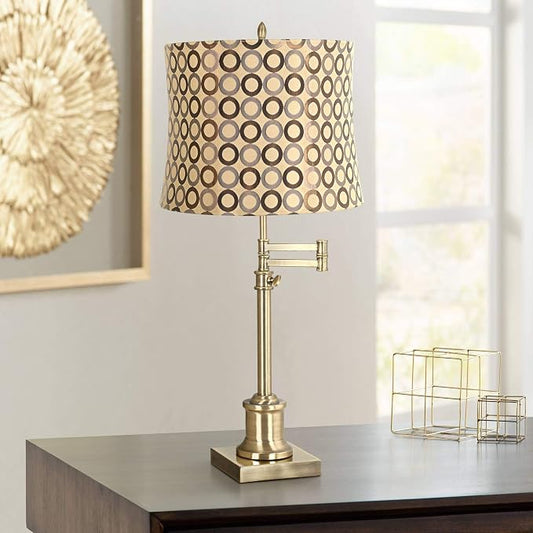 360 Lighting Westbury Traditional Swing Arm Desk Table Lamp Adjustable Height 36" Tall Antique Brass Copper Circles Drum Shade for Living Room Bedroom House Bedside Nightstand Home Office