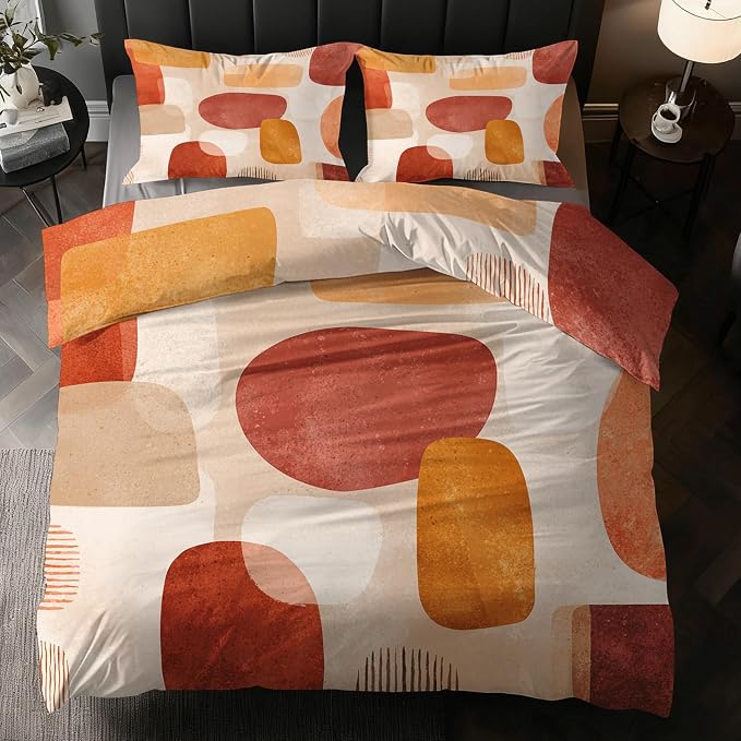 Boho Duvet Cover King Size, Mid Century Bedding Set 3 pcs with 2 Pillow Covers, Modern Abstract Bedroom Decor, Soft Microfiber Reversible, Zipper & Ties KJJT 109