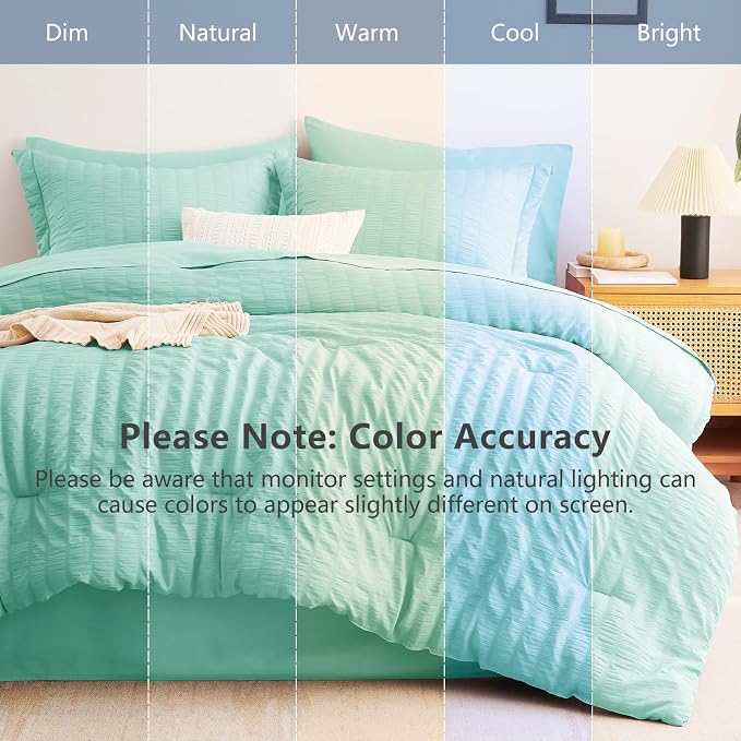 CozyLux Queen Comforter Set Mint Green, 7 Pieces Seersucker Textured Luxury Bed in a Bag Queen, All Seasons Soft Bedding Sets with Down Alternative Comforter, Sheets, Pillowcases & Shams, Home Gift