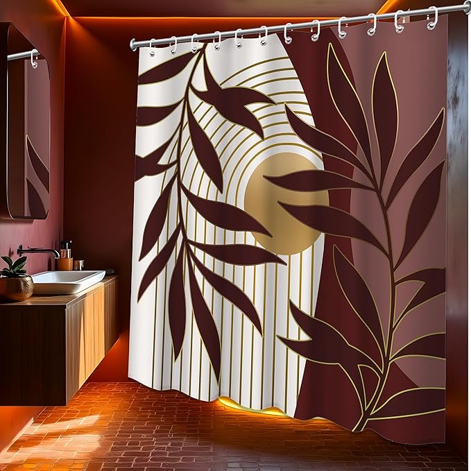 Boho Red Shower Curtain, Mid Century Modern Red Shower Curtains for Bathroom, Waterproof Fabric Set with Hooks, 70" W x 72" L