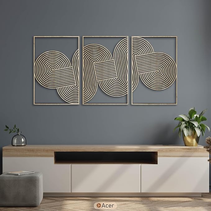Living Room Wall Art for Mid Century Modern Interiors, Triptych Boho Wall Panels, Geometric Circle Loop Wooden Wall Decor, Home Gift for Bedroom