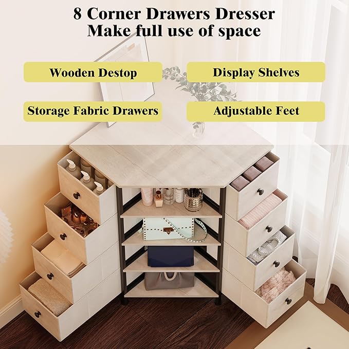 LUMTOK 8 Drawers Corner Dresser with Storage Fabric Drawers and Open Shelves for Small Space，Bedroom，Entryway，Living Room (Greige)