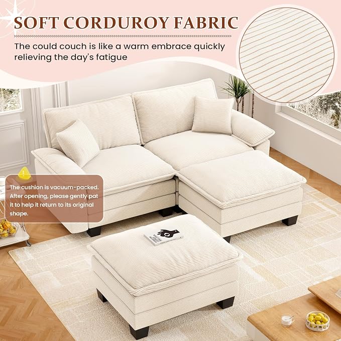 Modular Sectional Sofa Cloud Couch, Comfy Corduroy Loveseat with Ottoman Upholstered Deep Seat Sleeper Sofa Bed 2 Seater Couch Oversized Chaise Lounge Chair Indoor for Living Room Bedroom, Beige