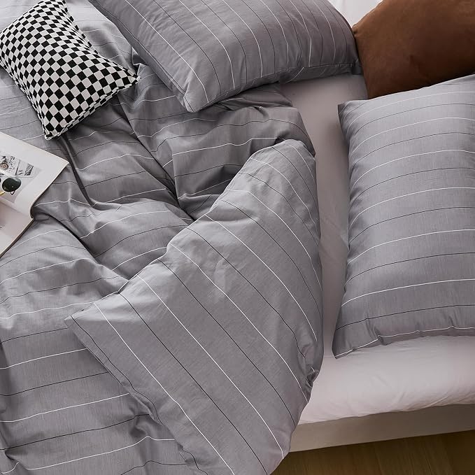 Merryword 100% Cotton Stripe Duvet Cover Set King Size - Gray Striped Duvet Cover Set with Zipper Closure & 8 Corner Ties, Modern Minimalist Wide Stripe Bedding Set for Cozy Elegant Bedroom