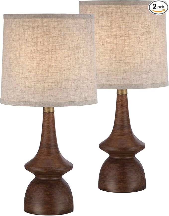 360 Lighting Rexford Mid Century Modern Table Lamps 24" Tall Set of 2 Walnut Brown Faux Wood Off White Drum Shade for Bedroom Living Room House Home Bedside Nightstand Office Kids Family