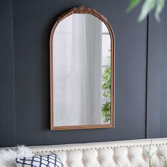 A&B Home Arched Vertical Mirror - Wall Mirror with Hand Carved Rose Antique Mirror Frame, 23" x 42" Arch Mirror for Bathroom Living Room Bedroom Enterway, Dark Brown