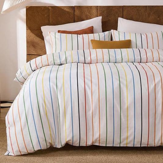 Merryword Rainbow Striped Duvet Cover Set Queen Size, 100% Cotton Bedding Set with Zipper Closure & 8 Corner Ties, Luxury Linen Like Bedding, Soft Breathable Comforter Cover for All Seasons