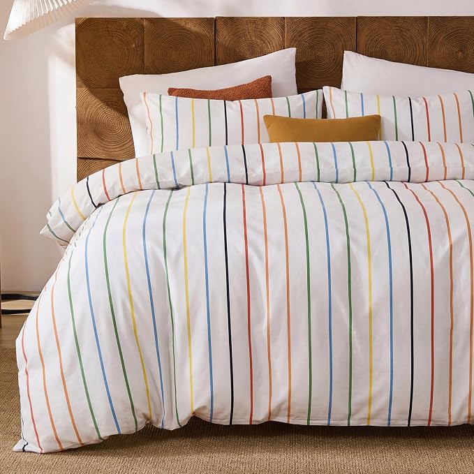Merryword Rainbow Striped Duvet Cover Set King Size, 100% Cotton Bedding Set with Zipper Closure & 8 Corner Ties, Luxury Linen Like Bedding, Soft Breathable Comforter Cover for All Seasons